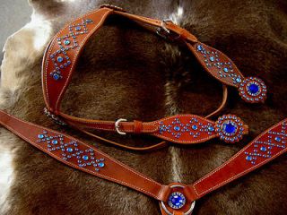 HORSE BRIDLE BREAST COLLAR WESTERN LEATHER HEADSTALL RODEO BROWN BLUE 