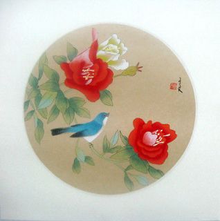 chinese silk painting birds flowers 15x11 Oriental asian art hand 