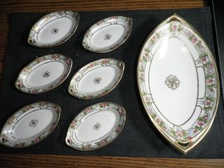 HANDPAINTED NIPPON 7 piece OVAL TRAY WITH 6 SMALL OVAL DISHES
