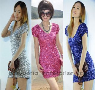 Hot Ladies Cocktail Evening Party Club Bling Sequin Dual V Neck DS 