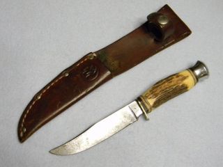 Vintage GERMAN KLAAS Small Hunting Bowie Knife & Sheath * STAG Handle