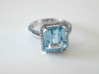   Emerald Cut Aquamarine and Diamond 14k Gold Ring 100 Natural