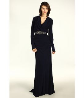 Badgley Mischka Long Sleeve Cowl Neck Gown with Belt    