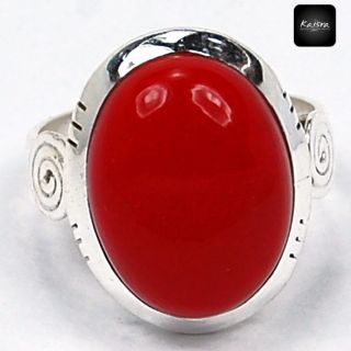 K224 Kaisra ® Genuine Red Coral 925 Sterling Silver Gemstone Ring 