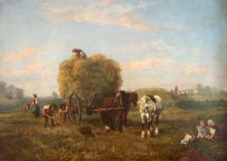Achille Carelli Circle of c1890s Oil Italian Peasants Haygathering 
