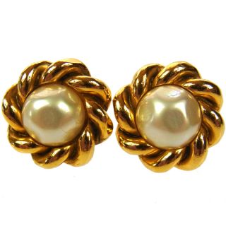 Authentic Chanel Vintage CC Logos Gold Clip on Earrings Faux Pearl 