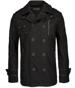 AFFLICTION Black Premium FLAT OUT Embroidered MILITARY Wool PeaCoat 