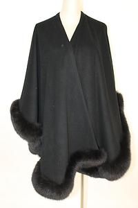 Adrienne Landau Black Wool Cape Shawl with Fox Fur Trim O S