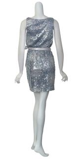 Aidan Mattox Shimmering Silver Sequin Belted Party Cocktail Eve Dress 
