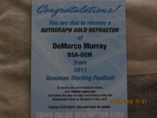 DeMARCO MURRAY 2011 BOWMAN STERLING AUTO GOLD REFRACTOR ED 25