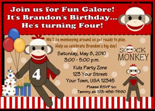12 Sock Monkey Monkeys Birthday Invitations Party