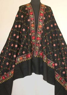Large Black Wool Shawl with Kashmir Crewel Embroidery