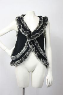 Alberto Makali Boho Black Rabbit Fur Crochet Sweater Vest Jacket 