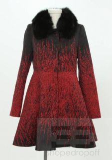 Alice + Olivia Red & Black Embroidered Fox Fur Collar Coat Size M