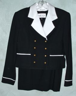 Albert Nipon Petites Suit Black Wool Crepe Skirt Suit White Removable 