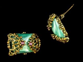   Earrings Clip Green Marble Cabochon Amethyst Rhinestone A
