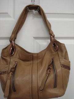 SALE B Makowsky Leather Alice Shopper Tote Handbag Taupe w/ Rose Gold 