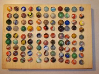 99 Vintage Antique Marbles with Handmade Wooden Display Unknown Value 