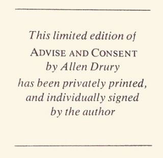   Signed Limited Advise and Consent Allen Drury Leather Autograph