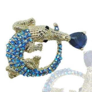 Bold Alligator Crocodile Brooch Pin Swarovski Crystal Blue Zircon