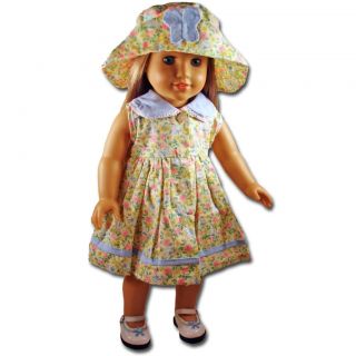 Doll Clothes Fit 18 American Girl Yellow Blue Floral Dress Hat Fancy 