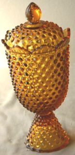 Fenton Amber Glass Tall Lidded Pedestal Candy Dish Hobnail Pattern 