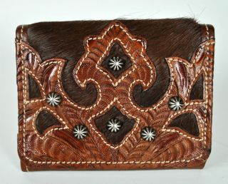 American West Womens Brown Cowhide Leather & Pony Hair TriFold Wallet 