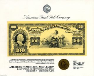 ABNC Souvenir Card SO 86   ANA 1992   Costa Rica 1897 100 Colones Gold 