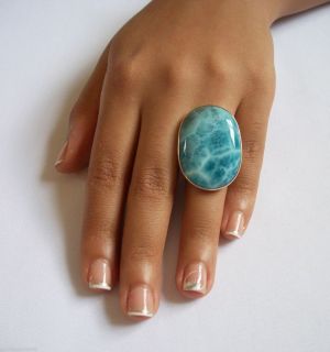 New Big Dominican AAA Oval Shaped Marbled Larimar Stone 925 Silver 