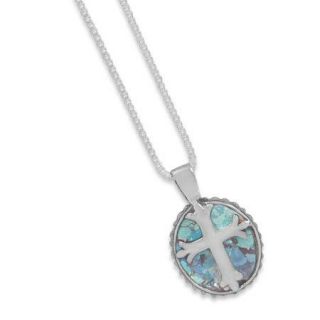 Genuine Ancient Roman Glass Cross Necklace Pendant 925 Sterling Silver 