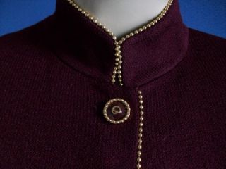 St John Santana Knit Burgandy with Gold Bead Trim Logo Buttons Jacket 