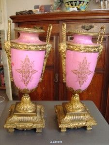 Breathtaking 19thC Pair Sevres Rose Pompadour Ormolu Mounted Vases 12 