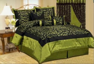   Flocking Zebra Print Black Green Comforter Set Bedding Full