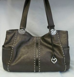 BRIGHTON Andie Metallic Pewter Studded Leather Hobo Satchel Bag