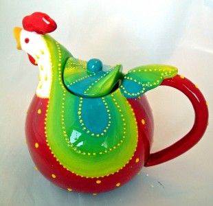 Red Rooster Teapot Ceramic Chicken Hand Painted New