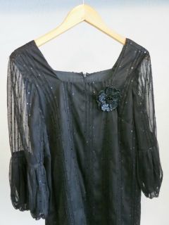 ANNA SUI Black Sequin Mini Dress w/ Flower Brooch & Sheer Sleeves sz 