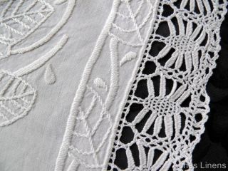 Antique Linen Cloth Hand Embroidered Whitework Cluny Lace