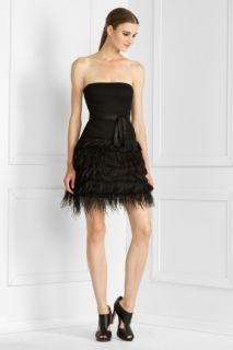 BCBG MAXAZRIA $648 Black Strapless Feather Mesh Tiered Prom Cocktail 