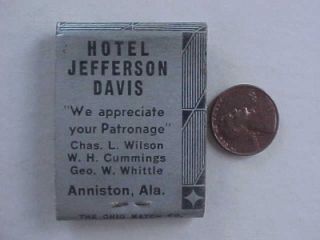 1940s Era Anniston Alabama Jefferson Davis Hotel Matchbook Civil War 