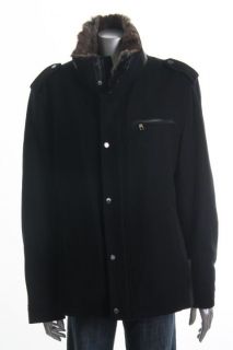 Andrew Marc New Black Wool Long Sleeve Lined Zip Snap Front Fur Trim 