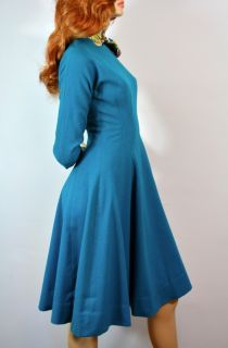 Vtg 1950s Turquoise Wool Anne Fogarty Classy Fit Flare Full Sweep 