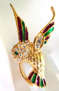Vintage Gold Plated Pretty Colorful Hummingbird Brooch Estate Jewelry 