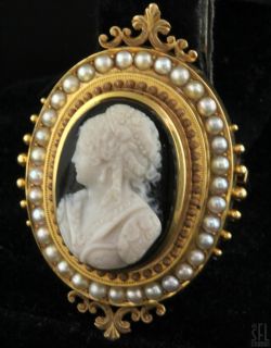 Antique 18K Gold Fancy Stone Cameo Pearl Brooch Pendant