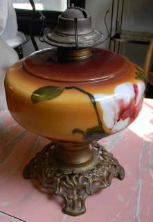 Antique GWTW Hand Painted Flowers Kerosene Oil Table Lamp Base