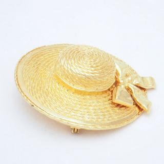 Vintage Chanel Large Straw Hat Bow Gold Vintage Brooch Pin Excellent 