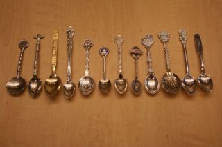   12 silver souvenir tea spoons USA NASA Antique Medora England Alberta