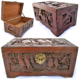 Vintage Old Wood Wooden Jewelry Treasure Box Carved Scooner Sail Sea 