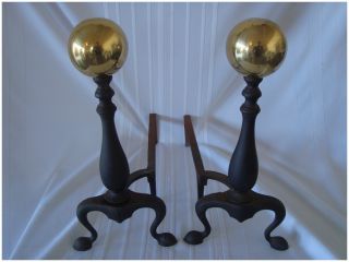 Antique Cast Iron Andirons Brass Cannon Ball Top 1928