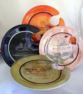 Wine Glass Holder Appetizer Plates Set of 4 Bottle Label Designs 