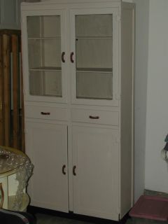 Antique White Cupboard Cabinet Red Orig Handles Hoosier
